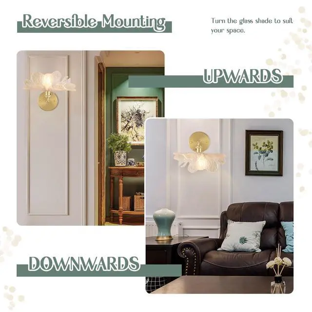 Alt view image 7 of 7 - Brass Vanity Light Brushed Gold Bathroom Light Fixtures - Clear Flower Glass Shade, Modern Hardwired Wall Sconce Retro Vanity Lighting for Over Mirror Bedroom Doorway Foyer Hallway