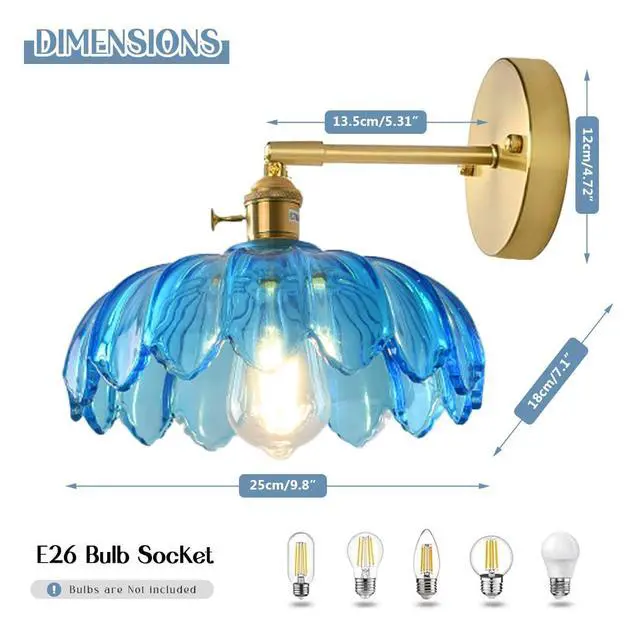 Alt view image 2 of 7 - Blue Wall Light Modern Sconces Flower Glass Shade Mid Century Sconce Vintage Bathroom Wall Lamp Black Gold Brass Sconces Fixture Brass Sconce Lighting for Over Mirror Farmhouse Bedroom