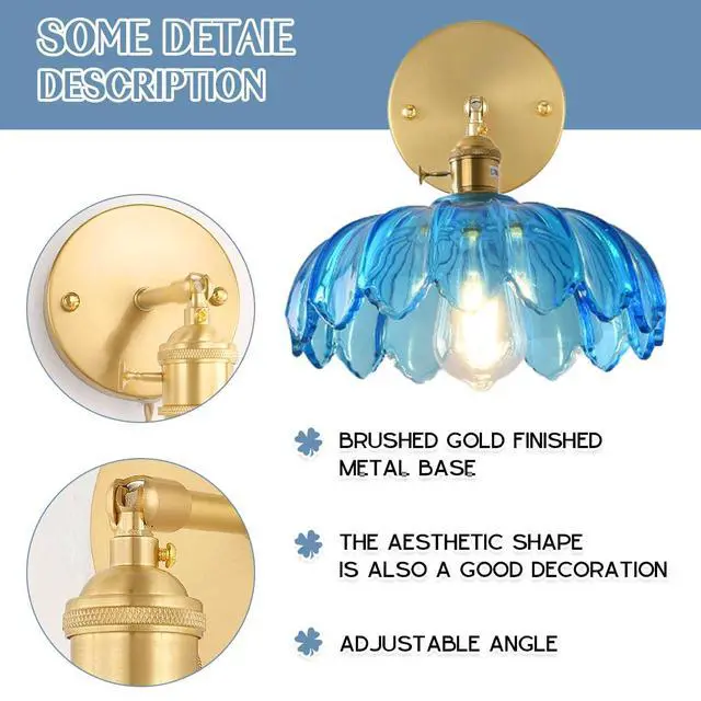 Alt view image 3 of 7 - Blue Wall Light Modern Sconces Flower Glass Shade Mid Century Sconce Vintage Bathroom Wall Lamp Black Gold Brass Sconces Fixture Brass Sconce Lighting for Over Mirror Farmhouse Bedroom