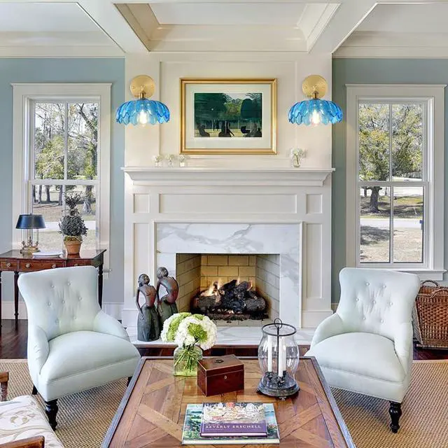 Alt view image 4 of 7 - Blue Wall Light Modern Sconces Flower Glass Shade Mid Century Sconce Vintage Bathroom Wall Lamp Black Gold Brass Sconces Fixture Brass Sconce Lighting for Over Mirror Farmhouse Bedroom