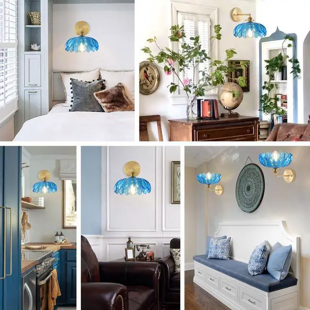 Alt view image 6 of 7 - Blue Wall Light Modern Sconces Flower Glass Shade Mid Century Sconce Vintage Bathroom Wall Lamp Black Gold Brass Sconces Fixture Brass Sconce Lighting for Over Mirror Farmhouse Bedroom