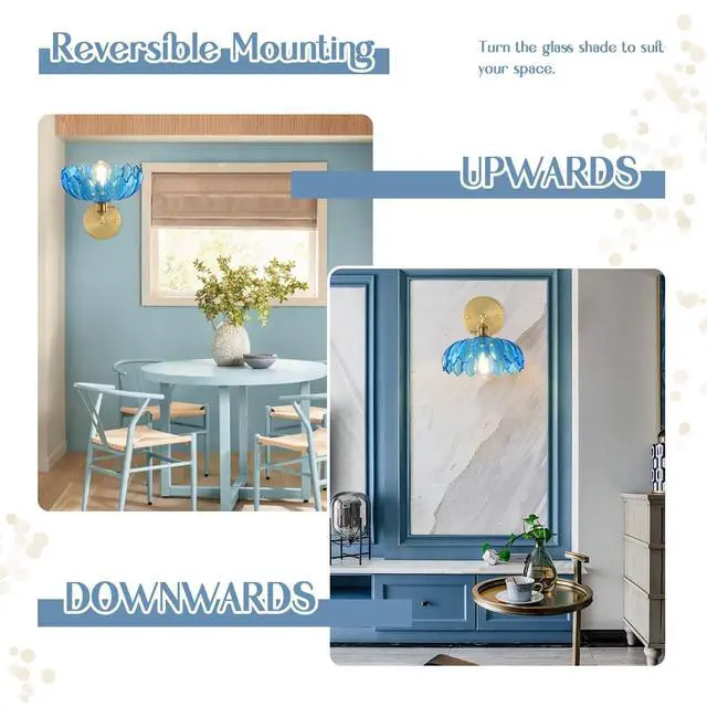 Alt view image 5 of 7 - Blue Wall Light Modern Sconces Flower Glass Shade Mid Century Sconce Vintage Bathroom Wall Lamp Black Gold Brass Sconces Fixture Brass Sconce Lighting for Over Mirror Farmhouse Bedroom