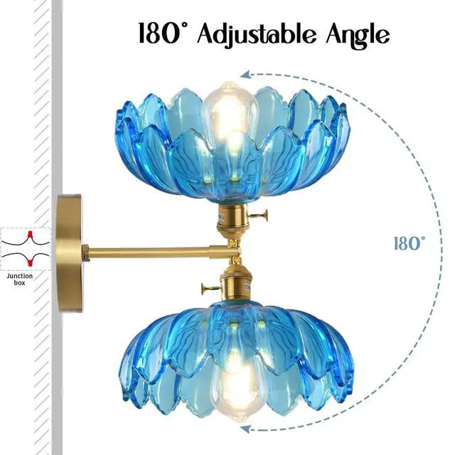 Alt view image 7 of 7 - Blue Wall Light Modern Sconces Flower Glass Shade Mid Century Sconce Vintage Bathroom Wall Lamp Black Gold Brass Sconces Fixture Brass Sconce Lighting for Over Mirror Farmhouse Bedroom