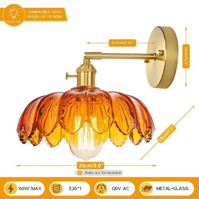 Alt view image 2 of 7 - Amber Glass Wall Sconce Brushed Gold Vanity Light 1-Lights Brass Bathroom Light Fixtures Vintage Modern Wall Sconces for Over Mirror Flower Wall Lighting Farmhouse Bath Vanity Lights