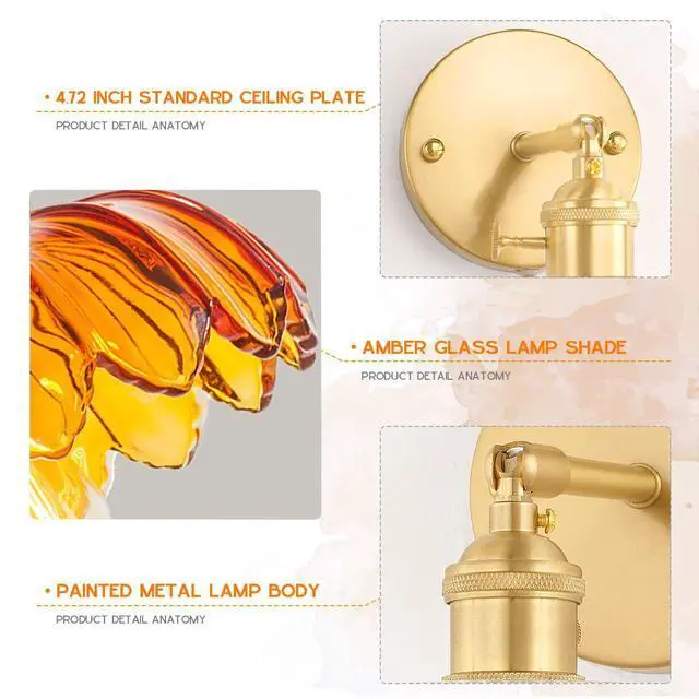 Alt view image 3 of 7 - Amber Glass Wall Sconce Brushed Gold Vanity Light 1-Lights Brass Bathroom Light Fixtures Vintage Modern Wall Sconces for Over Mirror Flower Wall Lighting Farmhouse Bath Vanity Lights