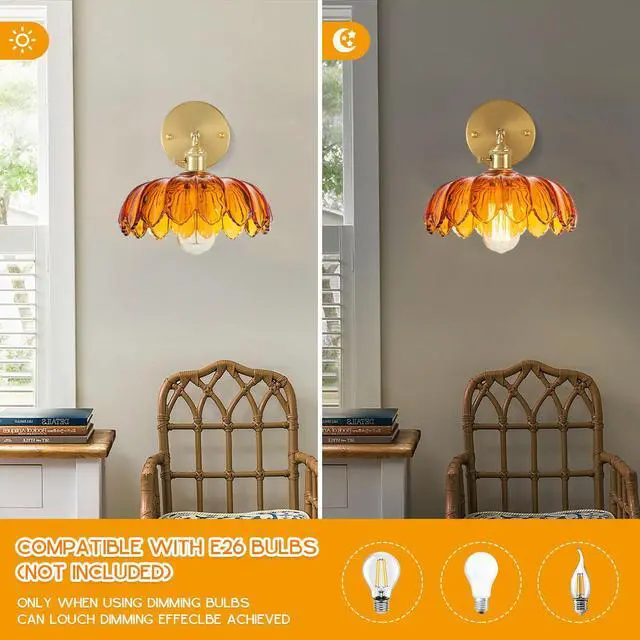 Alt view image 4 of 7 - Amber Glass Wall Sconce Brushed Gold Vanity Light 1-Lights Brass Bathroom Light Fixtures Vintage Modern Wall Sconces for Over Mirror Flower Wall Lighting Farmhouse Bath Vanity Lights