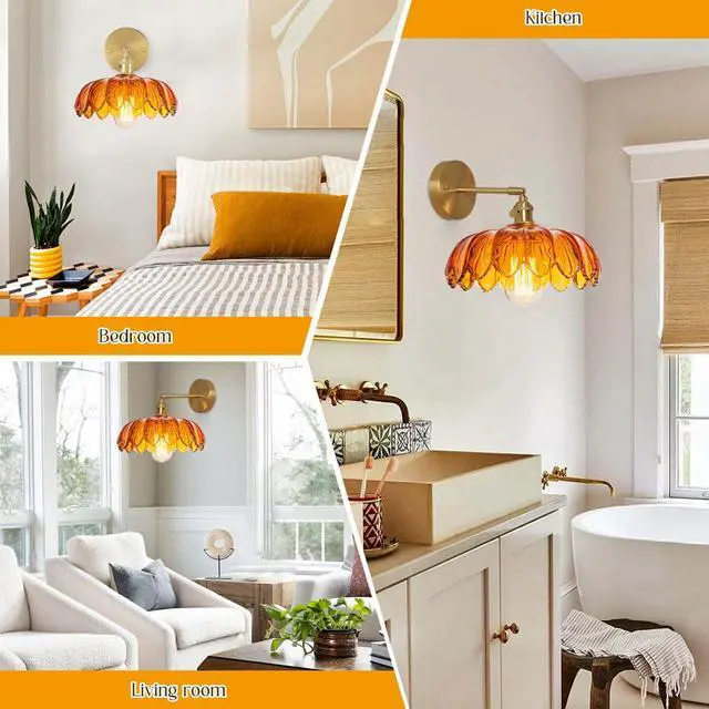 Alt view image 5 of 7 - Amber Glass Wall Sconce Brushed Gold Vanity Light 1-Lights Brass Bathroom Light Fixtures Vintage Modern Wall Sconces for Over Mirror Flower Wall Lighting Farmhouse Bath Vanity Lights