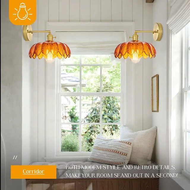 Alt view image 6 of 7 - Amber Glass Wall Sconce Brushed Gold Vanity Light 1-Lights Brass Bathroom Light Fixtures Vintage Modern Wall Sconces for Over Mirror Flower Wall Lighting Farmhouse Bath Vanity Lights