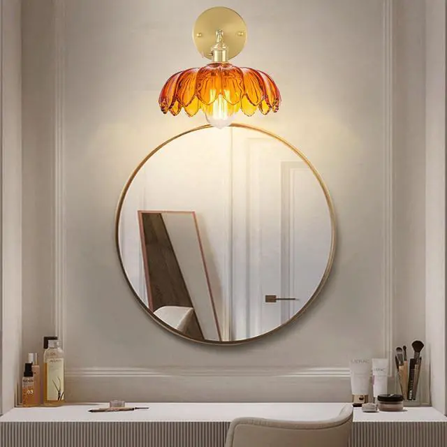 Alt view image 7 of 7 - Amber Glass Wall Sconce Brushed Gold Vanity Light 1-Lights Brass Bathroom Light Fixtures Vintage Modern Wall Sconces for Over Mirror Flower Wall Lighting Farmhouse Bath Vanity Lights