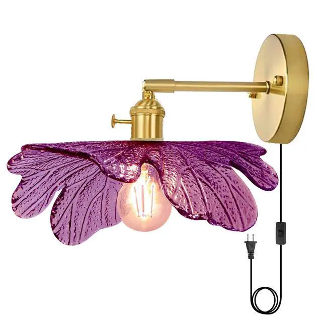 Main image of Glass Plug in Wall Light Mid Century Modern Wall Sconce Purple Flower Shade On/Off Switch Gold Bathroom Vanity Lamp Brushed Brass Wall Sconces for Bedroom Bathroom Bedside Doorway
