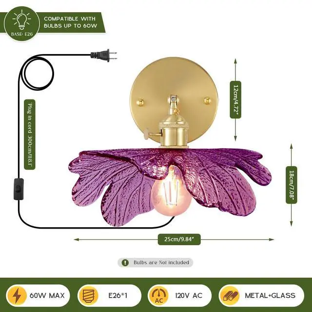 Alt view image 2 of 7 - Glass Plug in Wall Light Mid Century Modern Wall Sconce Purple Flower Shade On/Off Switch Gold Bathroom Vanity Lamp Brushed Brass Wall Sconces for Bedroom Bathroom Bedside Doorway
