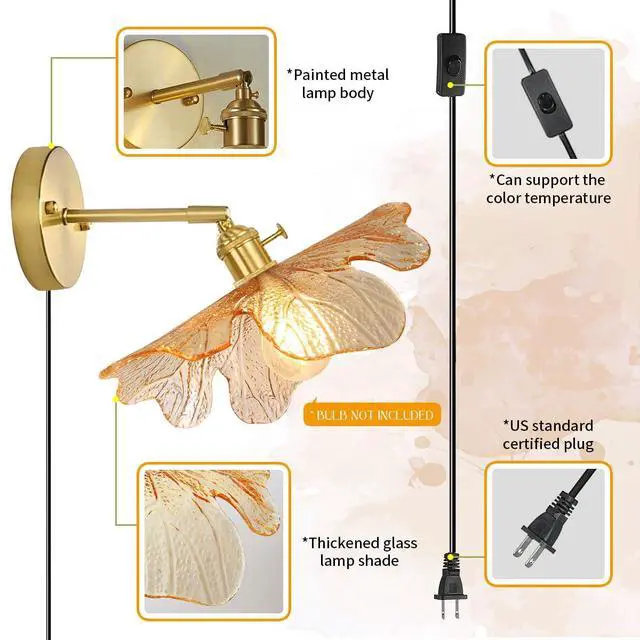 Alt view image 3 of 7 - Plug in Wall Sconces Mid Century Modern Wall Light Gold Bathroom Vanity Lamp with Amber Flower Glass Shade Plug in Cold On/Off Switch Swag Wall Light for Living Room Hallway (Amber)