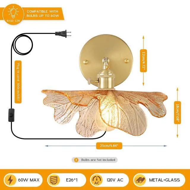 Alt view image 2 of 7 - Plug in Wall Sconces Mid Century Modern Wall Light Gold Bathroom Vanity Lamp with Amber Flower Glass Shade Plug in Cold On/Off Switch Swag Wall Light for Living Room Hallway (Amber)