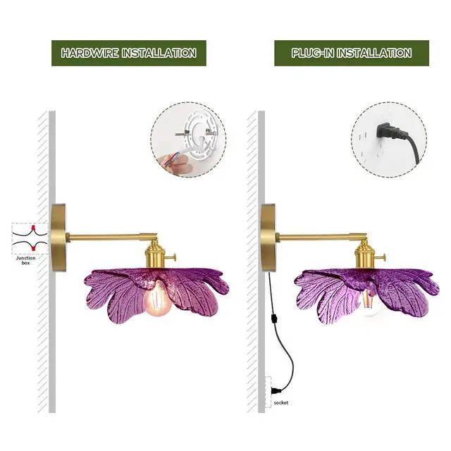 Alt view image 4 of 7 - Glass Plug in Wall Light Mid Century Modern Wall Sconce Purple Flower Shade On/Off Switch Gold Bathroom Vanity Lamp Brushed Brass Wall Sconces for Bedroom Bathroom Bedside Doorway
