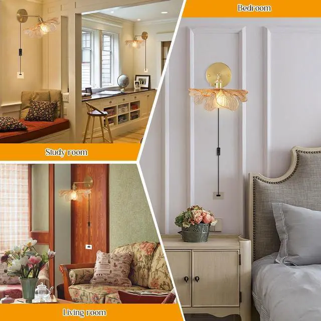 Alt view image 5 of 7 - Plug in Wall Sconces Mid Century Modern Wall Light Gold Bathroom Vanity Lamp with Amber Flower Glass Shade Plug in Cold On/Off Switch Swag Wall Light for Living Room Hallway (Amber)