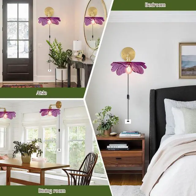 Alt view image 7 of 7 - Glass Plug in Wall Light Mid Century Modern Wall Sconce Purple Flower Shade On/Off Switch Gold Bathroom Vanity Lamp Brushed Brass Wall Sconces for Bedroom Bathroom Bedside Doorway