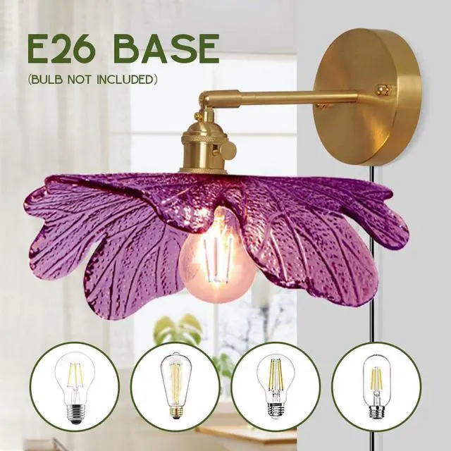 Alt view image 5 of 7 - Glass Plug in Wall Light Mid Century Modern Wall Sconce Purple Flower Shade On/Off Switch Gold Bathroom Vanity Lamp Brushed Brass Wall Sconces for Bedroom Bathroom Bedside Doorway