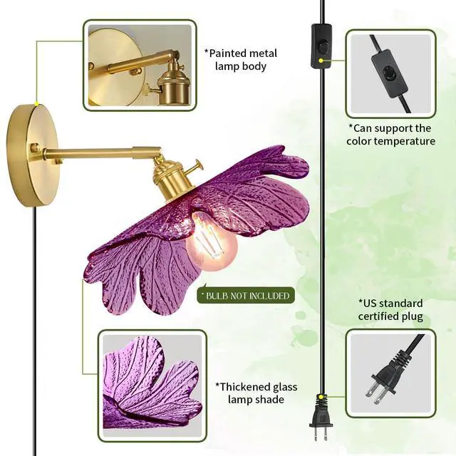 Alt view image 3 of 7 - Glass Plug in Wall Light Mid Century Modern Wall Sconce Purple Flower Shade On/Off Switch Gold Bathroom Vanity Lamp Brushed Brass Wall Sconces for Bedroom Bathroom Bedside Doorway