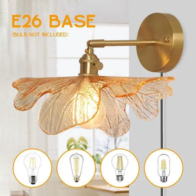 Alt view image 6 of 7 - Plug in Wall Sconces Mid Century Modern Wall Light Gold Bathroom Vanity Lamp with Amber Flower Glass Shade Plug in Cold On/Off Switch Swag Wall Light for Living Room Hallway (Amber)