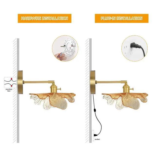 Alt view image 7 of 7 - Plug in Wall Sconces Mid Century Modern Wall Light Gold Bathroom Vanity Lamp with Amber Flower Glass Shade Plug in Cold On/Off Switch Swag Wall Light for Living Room Hallway (Amber)