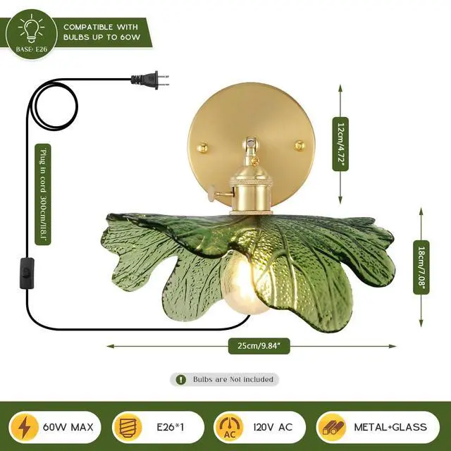 Alt view image 2 of 7 - Glass Plug in Wall Sconces Green Bathroom Vanity Lamp Mid Century Modern Wall Light Flower Glass Shade Plug in Cold On/Off Switch Gold Swag Wall Light for Living Room Hallway