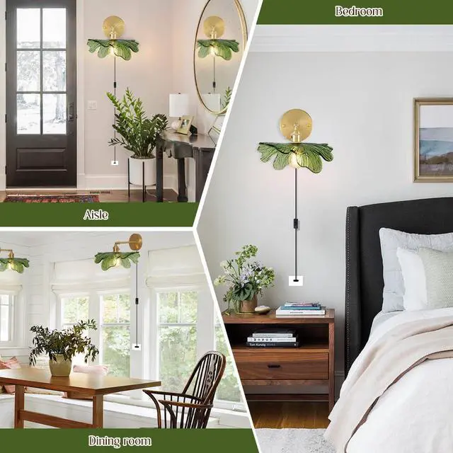Alt view image 5 of 7 - Glass Plug in Wall Sconces Green Bathroom Vanity Lamp Mid Century Modern Wall Light Flower Glass Shade Plug in Cold On/Off Switch Gold Swag Wall Light for Living Room Hallway