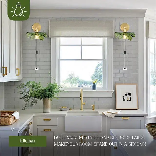 Alt view image 4 of 7 - Glass Plug in Wall Sconces Green Bathroom Vanity Lamp Mid Century Modern Wall Light Flower Glass Shade Plug in Cold On/Off Switch Gold Swag Wall Light for Living Room Hallway