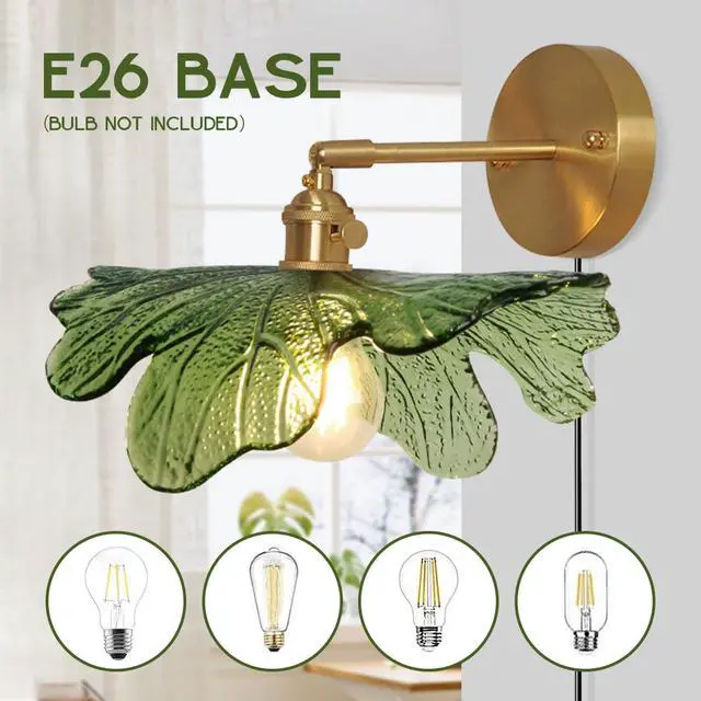 Alt view image 6 of 7 - Glass Plug in Wall Sconces Green Bathroom Vanity Lamp Mid Century Modern Wall Light Flower Glass Shade Plug in Cold On/Off Switch Gold Swag Wall Light for Living Room Hallway