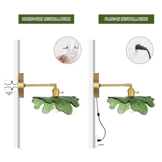 Alt view image 7 of 7 - Glass Plug in Wall Sconces Green Bathroom Vanity Lamp Mid Century Modern Wall Light Flower Glass Shade Plug in Cold On/Off Switch Gold Swag Wall Light for Living Room Hallway