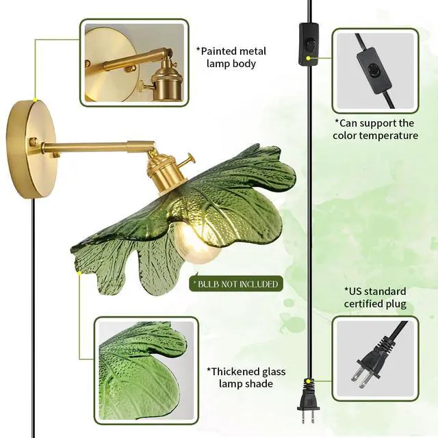Alt view image 3 of 7 - Glass Plug in Wall Sconces Green Bathroom Vanity Lamp Mid Century Modern Wall Light Flower Glass Shade Plug in Cold On/Off Switch Gold Swag Wall Light for Living Room Hallway