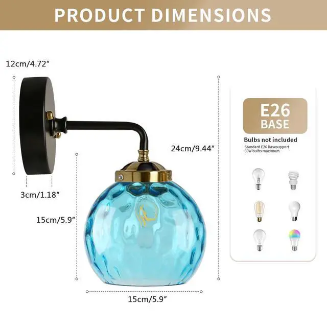 Alt view image 2 of 7 - 1-Lights Glass Vanity Light Over Mirror Bathroom Light Fixture with Blue Glass Globe Shade Vanity Lamp Vintage Modern Wall Sconces Decor Lighting Fixtures for Living Room Farmhouse