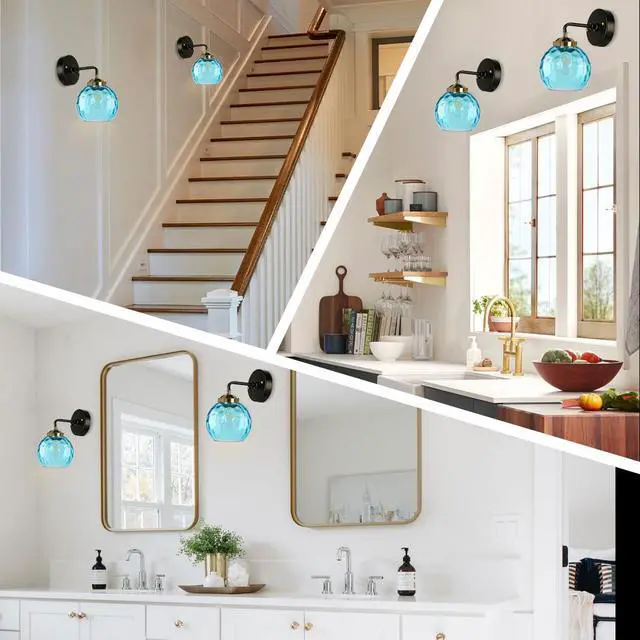 Alt view image 4 of 7 - 1-Lights Glass Vanity Light Over Mirror Bathroom Light Fixture with Blue Glass Globe Shade Vanity Lamp Vintage Modern Wall Sconces Decor Lighting Fixtures for Living Room Farmhouse