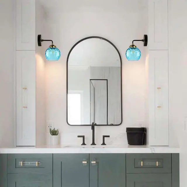 Alt view image 6 of 7 - 1-Lights Glass Vanity Light Over Mirror Bathroom Light Fixture with Blue Glass Globe Shade Vanity Lamp Vintage Modern Wall Sconces Decor Lighting Fixtures for Living Room Farmhouse