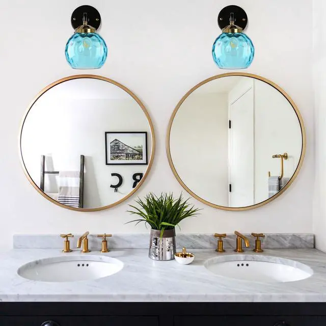 Alt view image 7 of 7 - 1-Lights Glass Vanity Light Over Mirror Bathroom Light Fixture with Blue Glass Globe Shade Vanity Lamp Vintage Modern Wall Sconces Decor Lighting Fixtures for Living Room Farmhouse