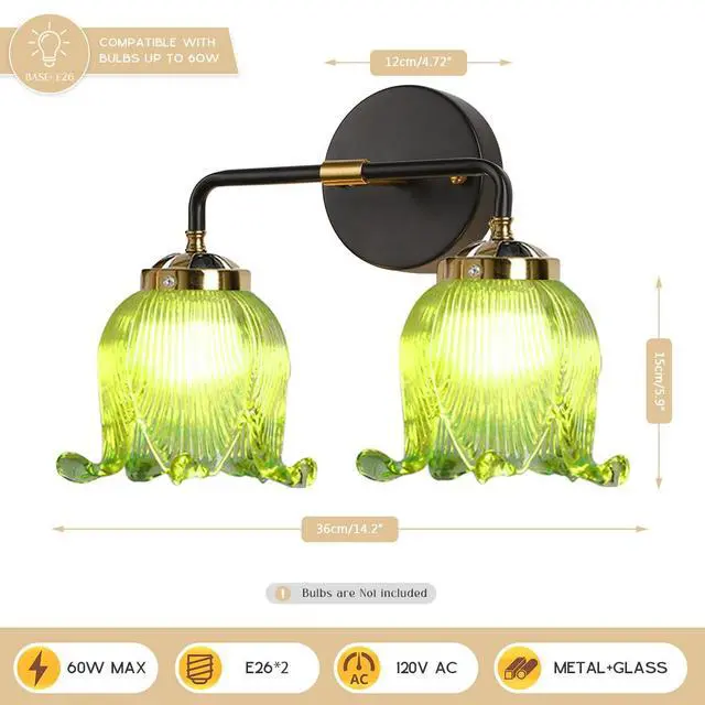 Alt view image 2 of 7 - Glass Vanity Light Fixture 2-Lights Wall Sconce Gold Bathroom Vanity Lamp with Black Gold Finish Base Green Flower Shade Art Deco Wall Sconce Lighting for Mirror Kitchen Living Room
