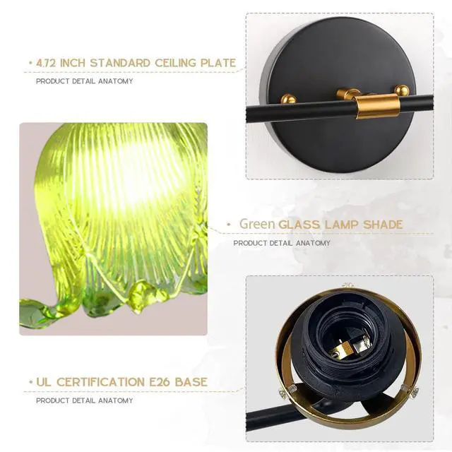 Alt view image 3 of 7 - Glass Vanity Light Fixture 2-Lights Wall Sconce Gold Bathroom Vanity Lamp with Black Gold Finish Base Green Flower Shade Art Deco Wall Sconce Lighting for Mirror Kitchen Living Room