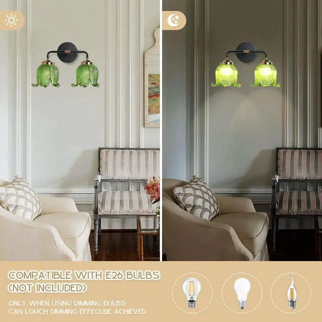 Alt view image 4 of 7 - Glass Vanity Light Fixture 2-Lights Wall Sconce Gold Bathroom Vanity Lamp with Black Gold Finish Base Green Flower Shade Art Deco Wall Sconce Lighting for Mirror Kitchen Living Room
