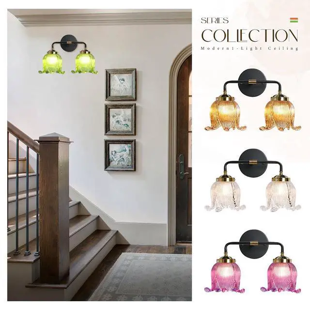 Alt view image 7 of 7 - Glass Vanity Light Fixture 2-Lights Wall Sconce Gold Bathroom Vanity Lamp with Black Gold Finish Base Green Flower Shade Art Deco Wall Sconce Lighting for Mirror Kitchen Living Room
