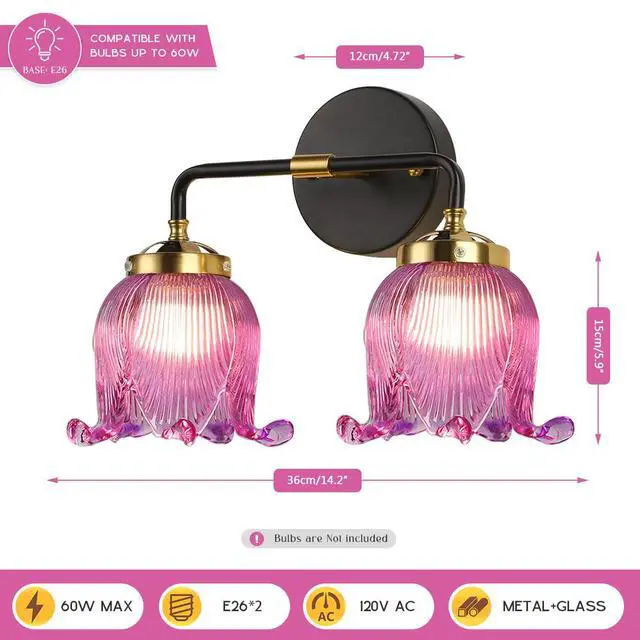 Alt view image 2 of 7 - Purple Glass Vanity Light Black Light Fixture Bathroom Vanity 2 Lights with Purple Flower Shade Midcentury Modern Vanity Lights Art Deco for Over Mirror Bedroom Hallway Bedside