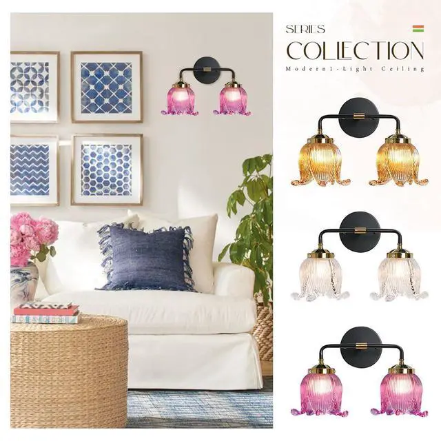 Alt view image 7 of 7 - Purple Glass Vanity Light Black Light Fixture Bathroom Vanity 2 Lights with Purple Flower Shade Midcentury Modern Vanity Lights Art Deco for Over Mirror Bedroom Hallway Bedside