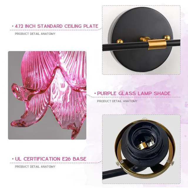 Alt view image 3 of 7 - Purple Glass Vanity Light Black Light Fixture Bathroom Vanity 2 Lights with Purple Flower Shade Midcentury Modern Vanity Lights Art Deco for Over Mirror Bedroom Hallway Bedside