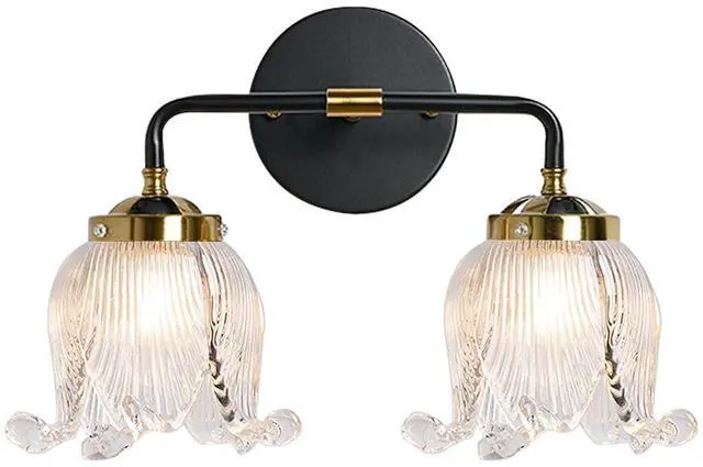 Main image of Mid Century Bathroom Vanity Light Black Gold Wall Sconce 2 Lights with Clear Flower Glass Shade Vintage Modern Art Deco Vanity Lights for Over Mirror Bedroom Hallway Farmhouse