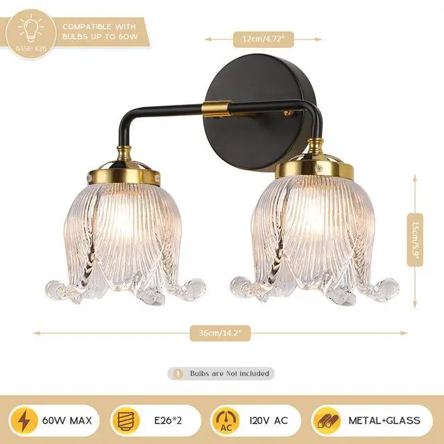 Alt view image 2 of 7 - Mid Century Bathroom Vanity Light Black Gold Wall Sconce 2 Lights with Clear Flower Glass Shade Vintage Modern Art Deco Vanity Lights for Over Mirror Bedroom Hallway Farmhouse