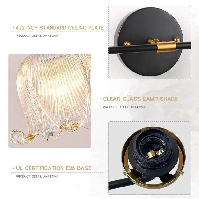 Alt view image 3 of 7 - Mid Century Bathroom Vanity Light Black Gold Wall Sconce 2 Lights with Clear Flower Glass Shade Vintage Modern Art Deco Vanity Lights for Over Mirror Bedroom Hallway Farmhouse
