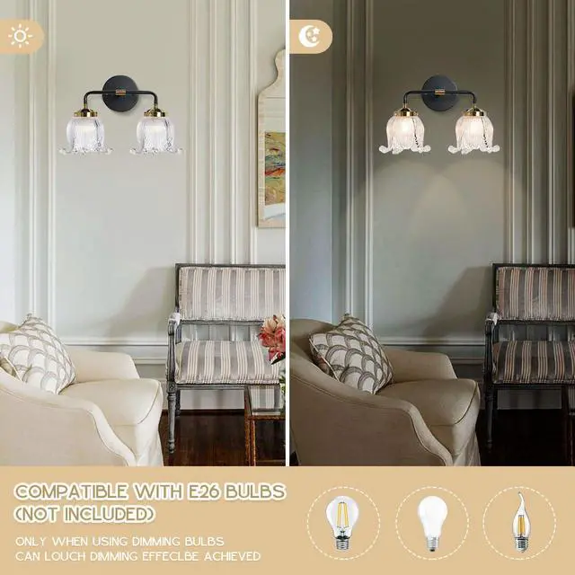 Alt view image 4 of 7 - Mid Century Bathroom Vanity Light Black Gold Wall Sconce 2 Lights with Clear Flower Glass Shade Vintage Modern Art Deco Vanity Lights for Over Mirror Bedroom Hallway Farmhouse