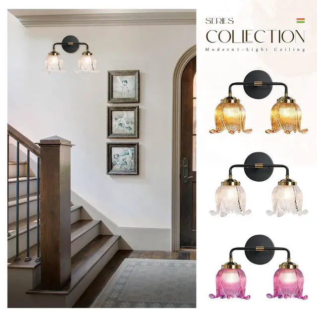 Alt view image 7 of 7 - Mid Century Bathroom Vanity Light Black Gold Wall Sconce 2 Lights with Clear Flower Glass Shade Vintage Modern Art Deco Vanity Lights for Over Mirror Bedroom Hallway Farmhouse