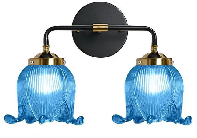 Main image of Blue Glass Bathroom Lights Over Mirror 2 Light Vintage Wall sconces with Flower Glass Shade Mid Century Bathroom Vanity Lights Fixture Art Deco Wall Sconce Light for Bedroom Hallway