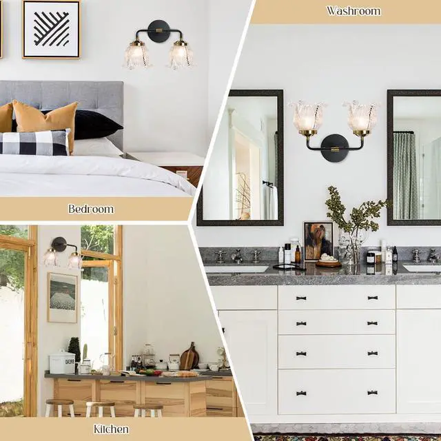 Alt view image 6 of 7 - Mid Century Bathroom Vanity Light Black Gold Wall Sconce 2 Lights with Clear Flower Glass Shade Vintage Modern Art Deco Vanity Lights for Over Mirror Bedroom Hallway Farmhouse