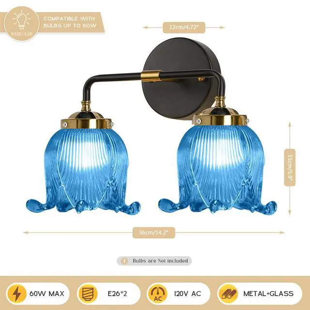 Alt view image 2 of 7 - Blue Glass Bathroom Lights Over Mirror 2 Light Vintage Wall sconces with Flower Glass Shade Mid Century Bathroom Vanity Lights Fixture Art Deco Wall Sconce Light for Bedroom Hallway