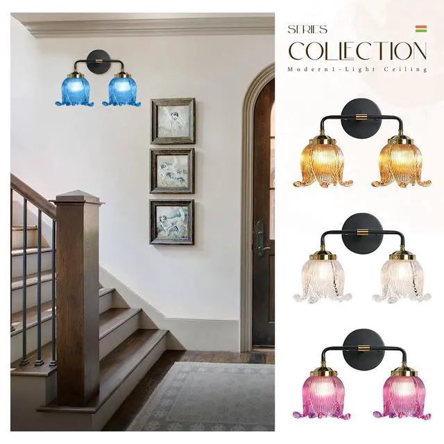 Alt view image 4 of 7 - Blue Glass Bathroom Lights Over Mirror 2 Light Vintage Wall sconces with Flower Glass Shade Mid Century Bathroom Vanity Lights Fixture Art Deco Wall Sconce Light for Bedroom Hallway